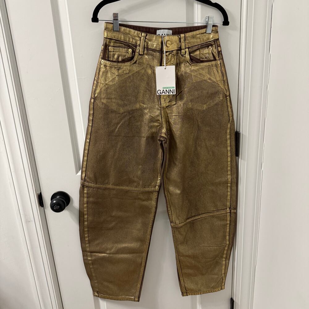 NWT $375 GANNI Barrel CURVED LEG JEANS - FOIL SZ 27 - Picture 3 of 11